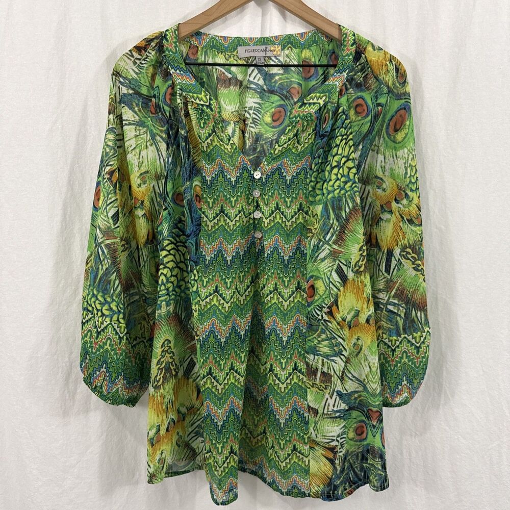 Figueroa & Flower Green Peacock Sheer 3/4 Sleeve Peasant Top Womens Sz XL Artsy